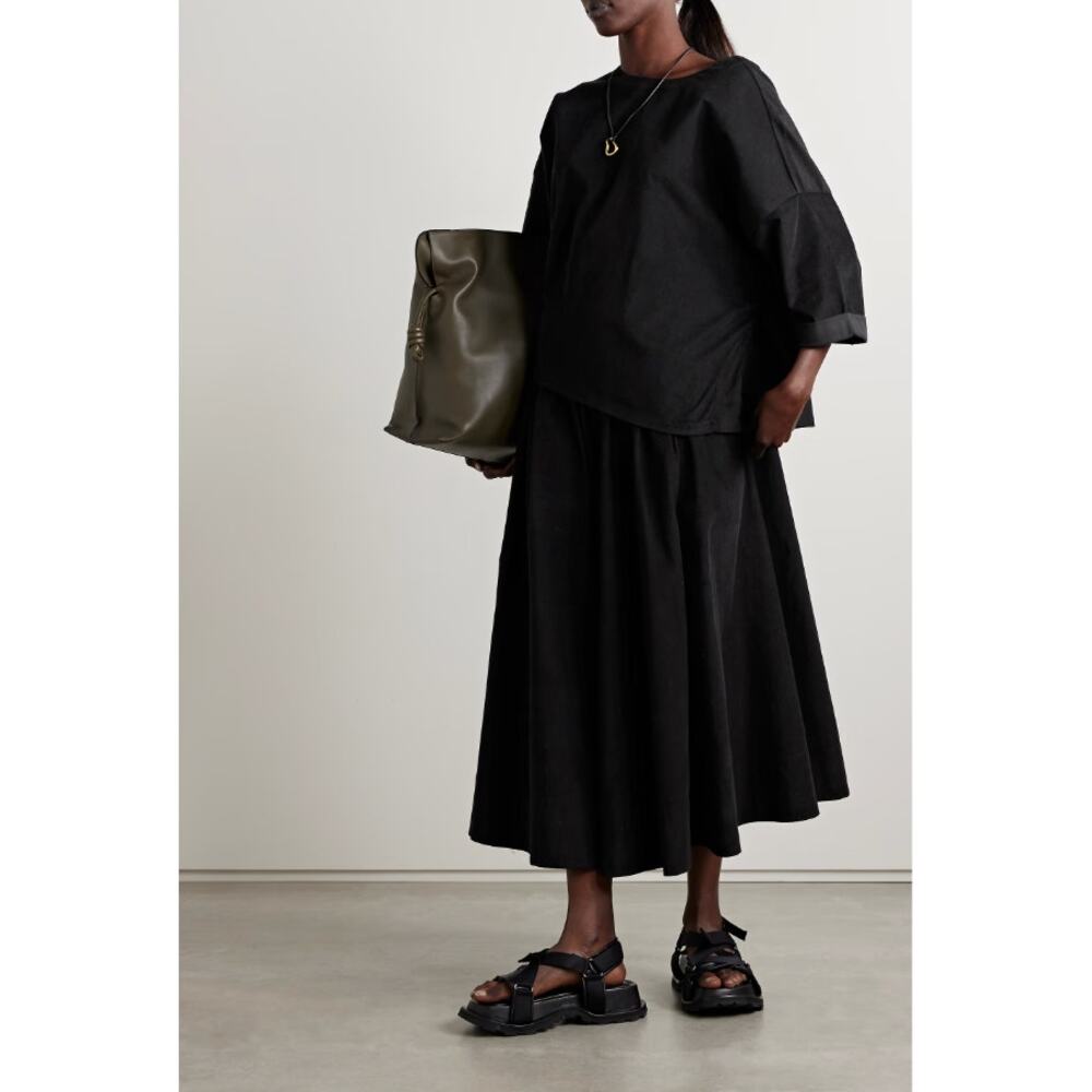Suzie Kondi Kyria Skirt Womens L Black Pleated Cotton-Corduroy A-line Midi